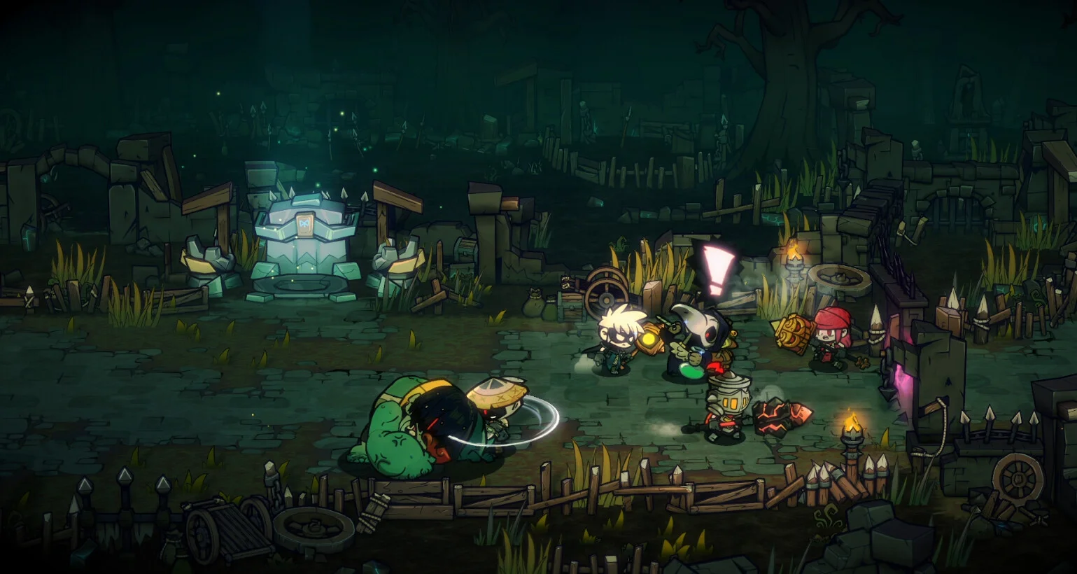 A night village fight with green crystals and wooden huts