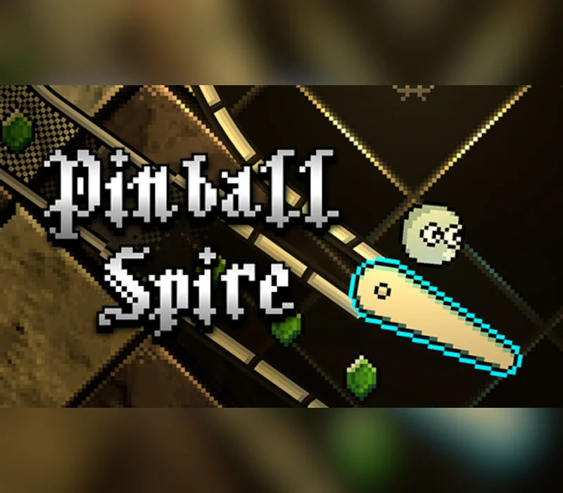 Pinball Spire cover: gothic title over a lit flipper and smiling pinball on dark tiles