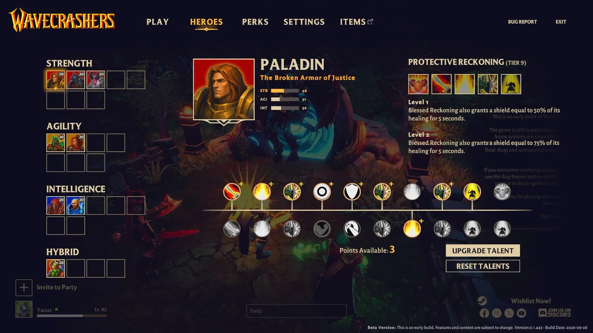 Paladin talent screen with Strength Agility Intelligence trees and Protective Reckoning