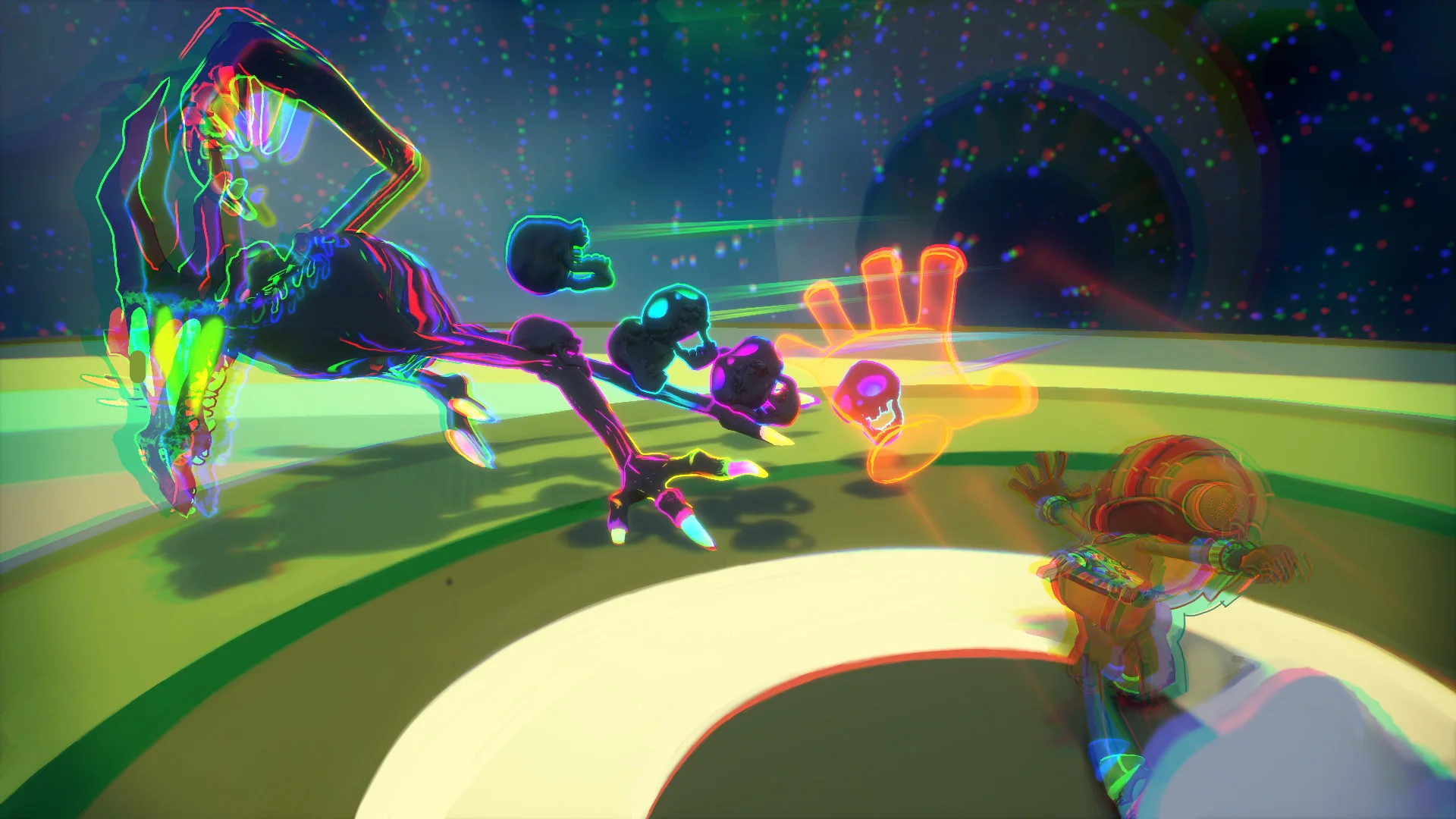 Raz faces a neon creature of skulls and a glowing hand