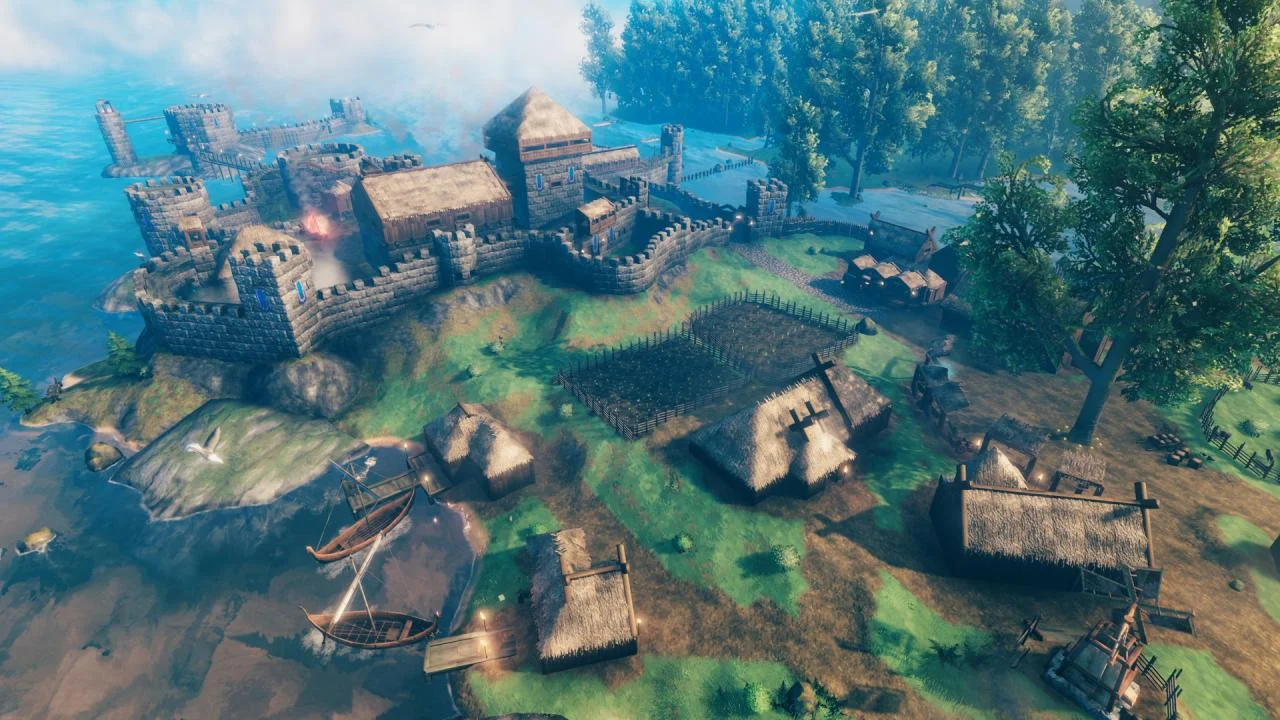 Stone keep on a green headland, thatched huts, fenced plots, a longship at the dock, forest behind the walls