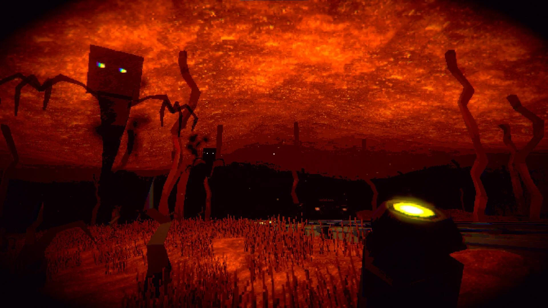 Orange hell sky, square-headed spider figure, yellow lantern, black grass and twisted trunks