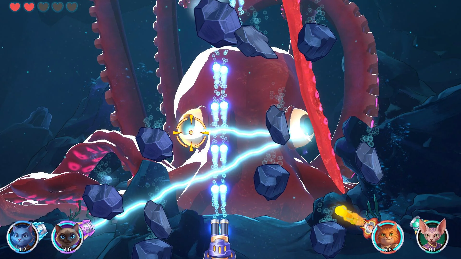 Four cat sailors firing at a giant red tentacled Overlord among underwater rocks