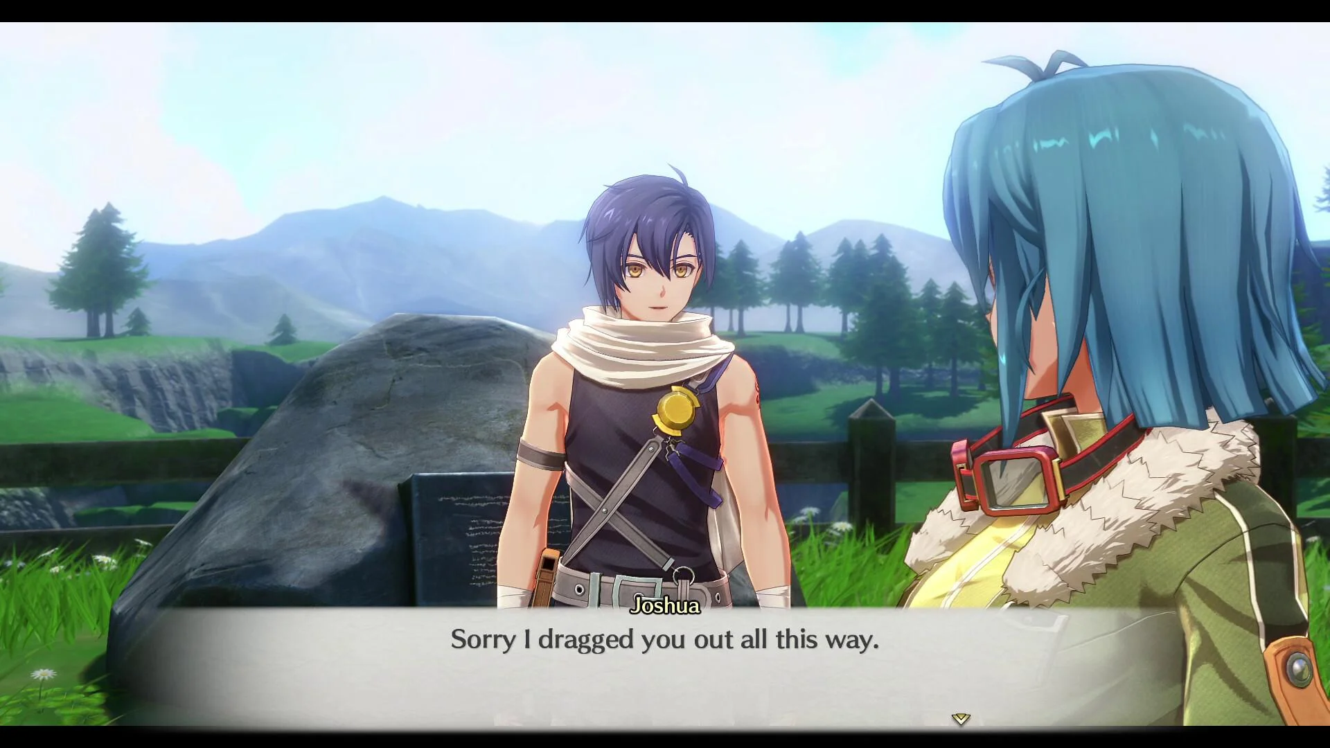 An orange-haired woman and a blue-haired man talking outdoors