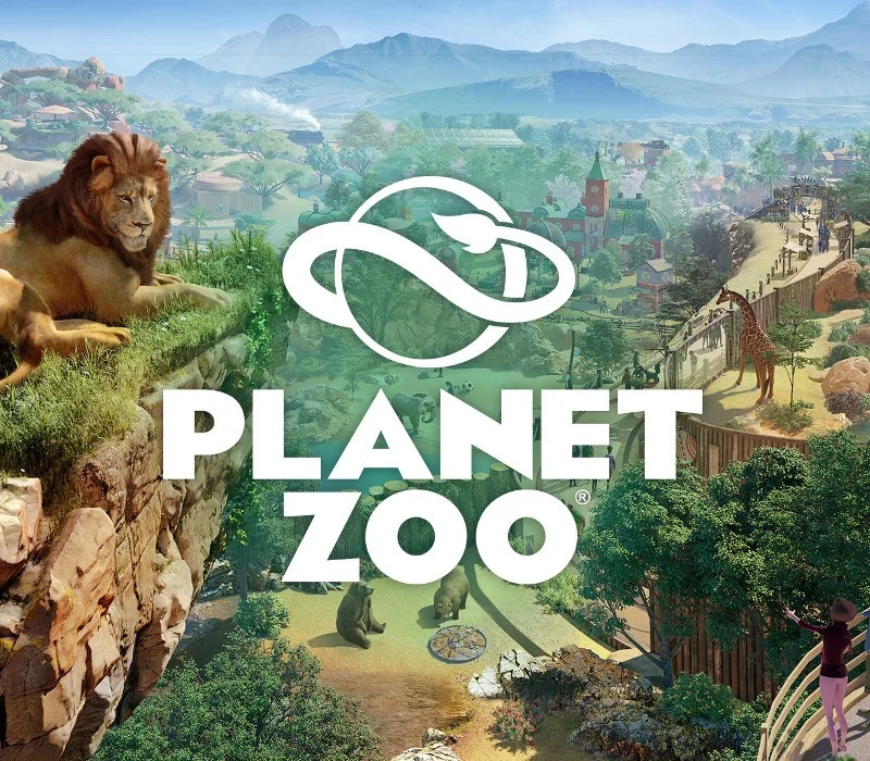 Cover: Planet Zoo logo over a tiered park with lions, bears, giraffe, elephants and a red-roof clock tower