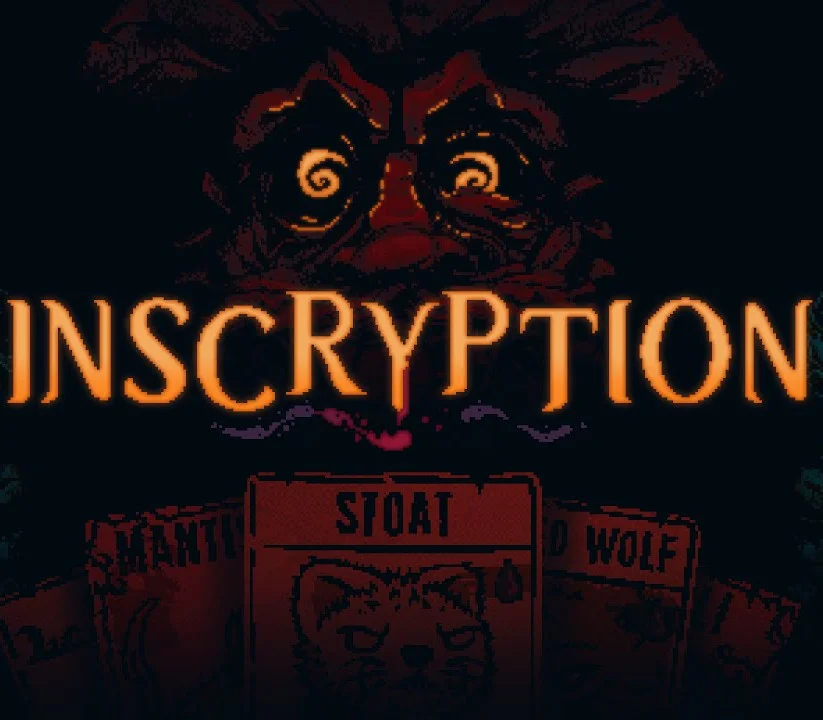 Inscryption cover with orange title, spiral eyes in the dark and a Stoat card in front