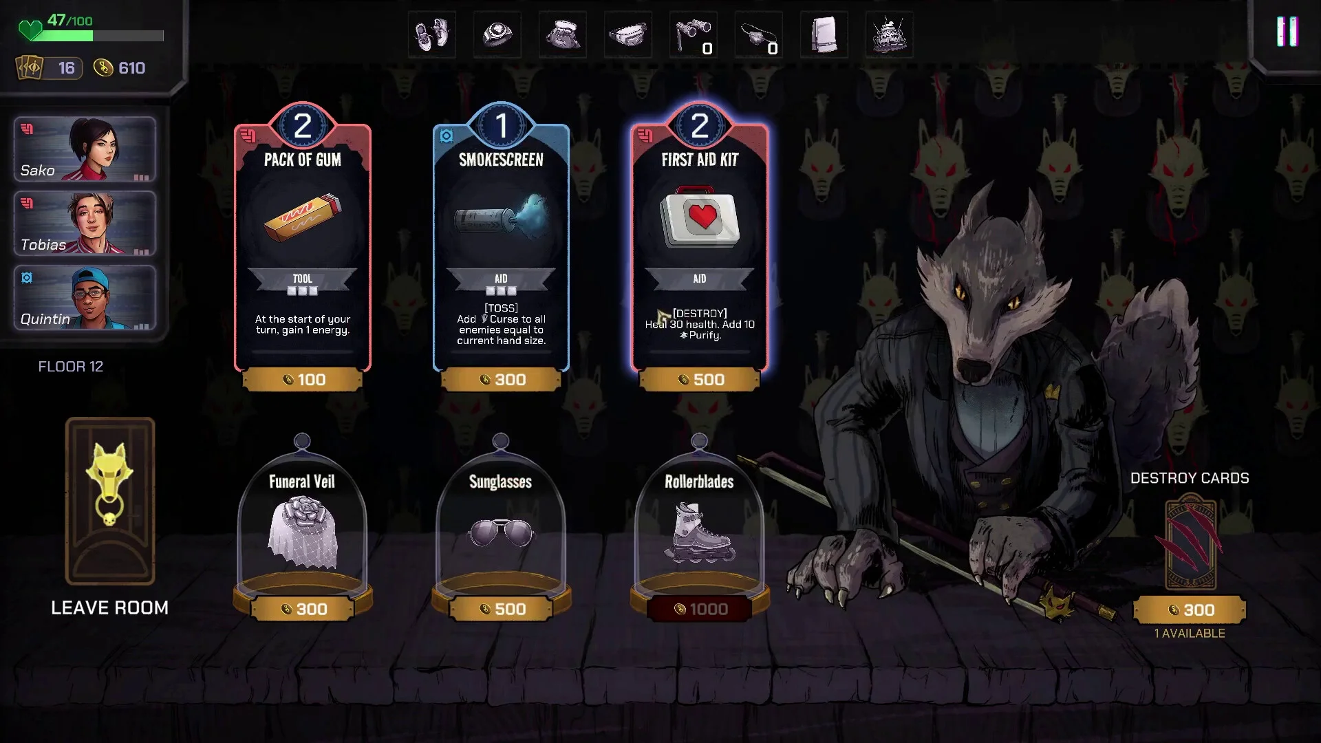 Wolf merchant at a shop table: Pack of Gum, Smokescreen, First Aid Kit, Funeral Veil, Sunglasses, Rollerblades
