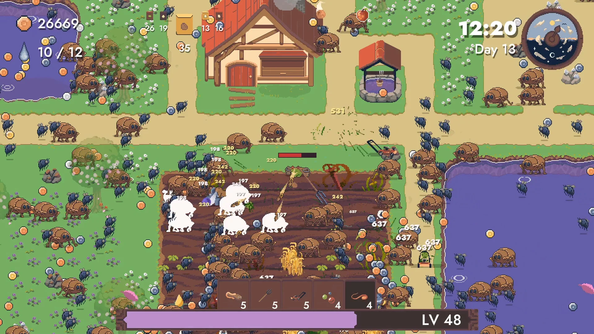 Day 13: brown beetle swarm around the farmhouse, white sheep, LV 48, 12:20
