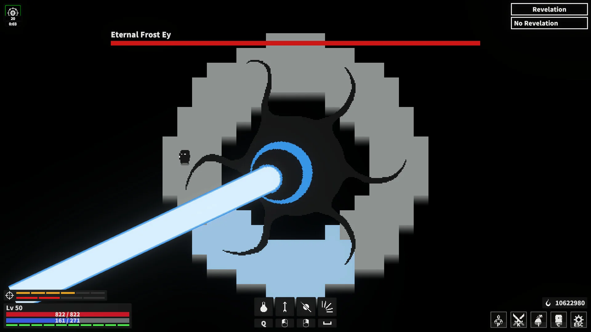 Boss Eternal Frost Ey, czarne gwiaździste pixelowe stworzenie ze szeroką bladoniebieską wiązką, czerwony pasek życia