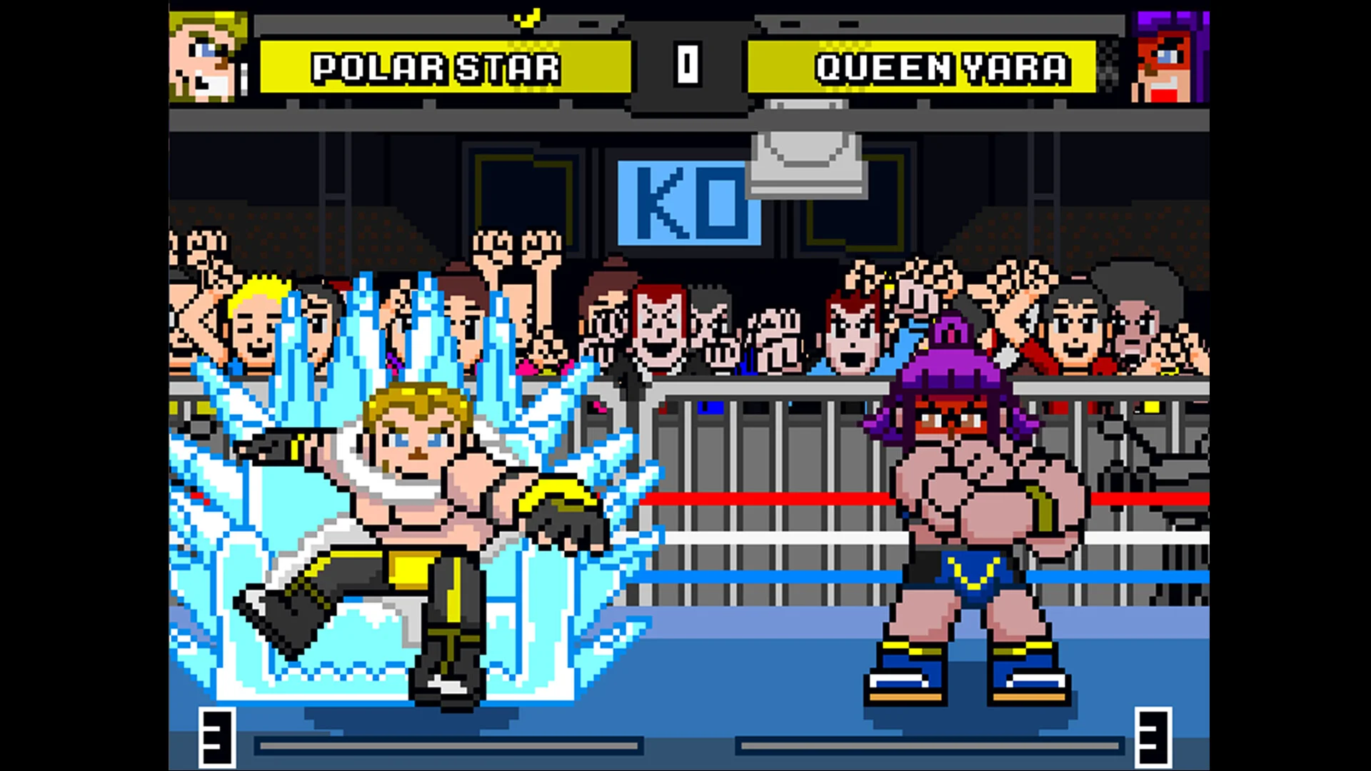 Polar Star surrounded by blue ice while facing Queen Yara in a crowded arena