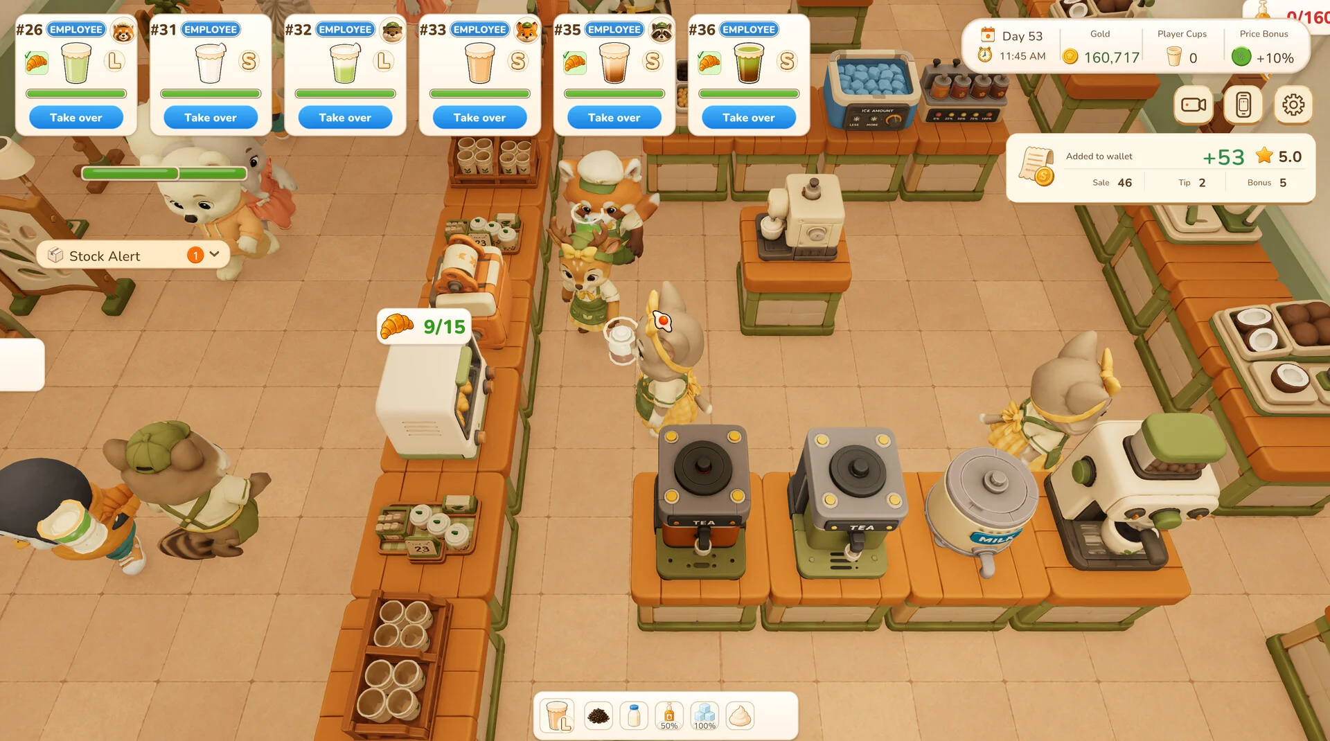 Busy bubble-tea kitchen with employee task cards and drink preparation stations