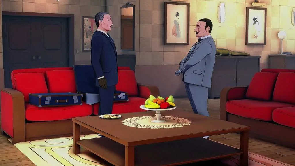 Two men in a red sitting room, one standing and one seated.