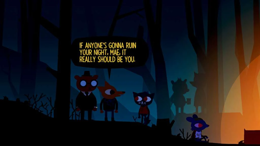 Mae with friends standing among trees at night
