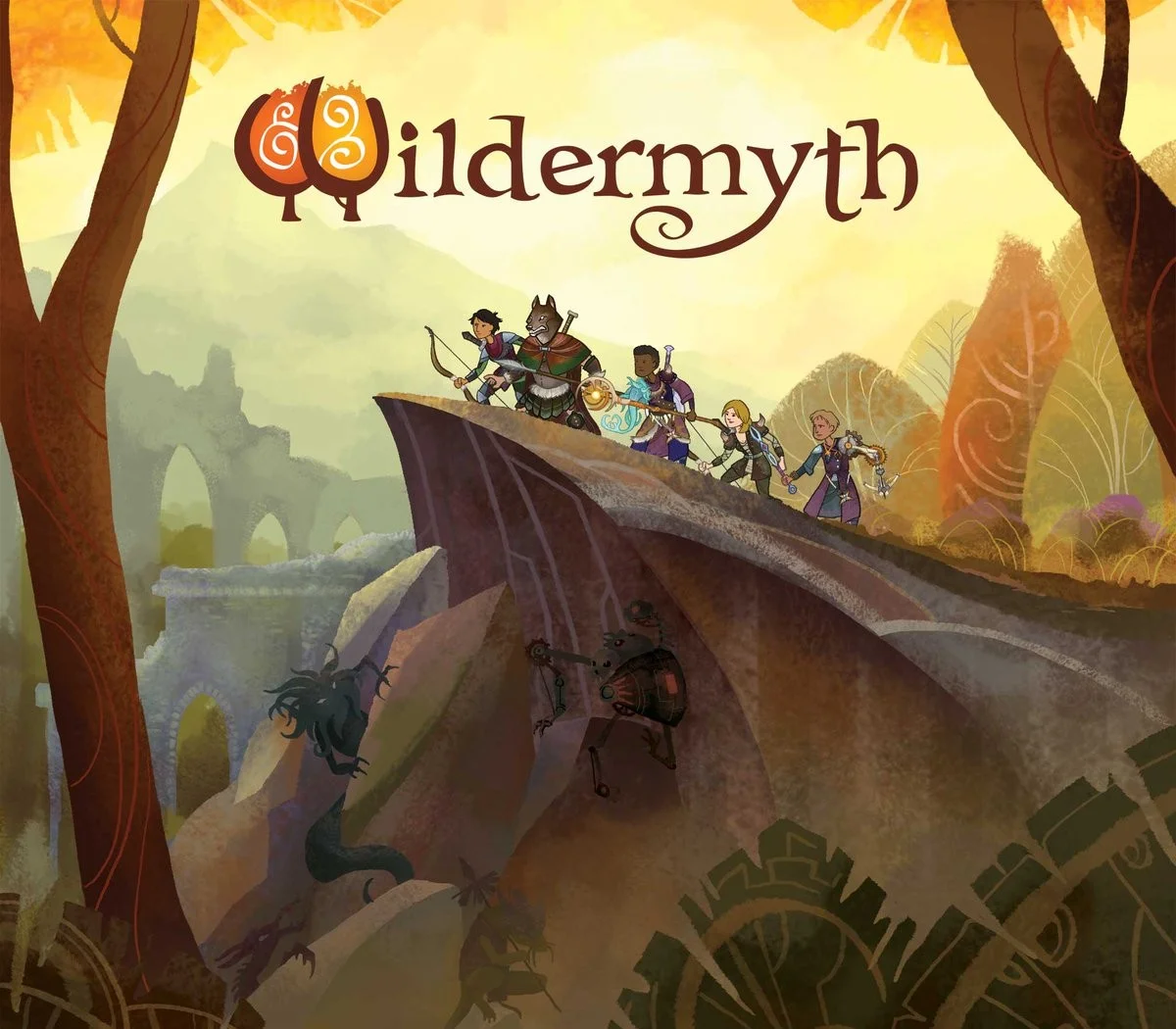 Wildermyth cover: five heroes walking a cliff at sunset, wolf-eared warrior with a glowing orb, ruined arches and a dark beast in the mist below