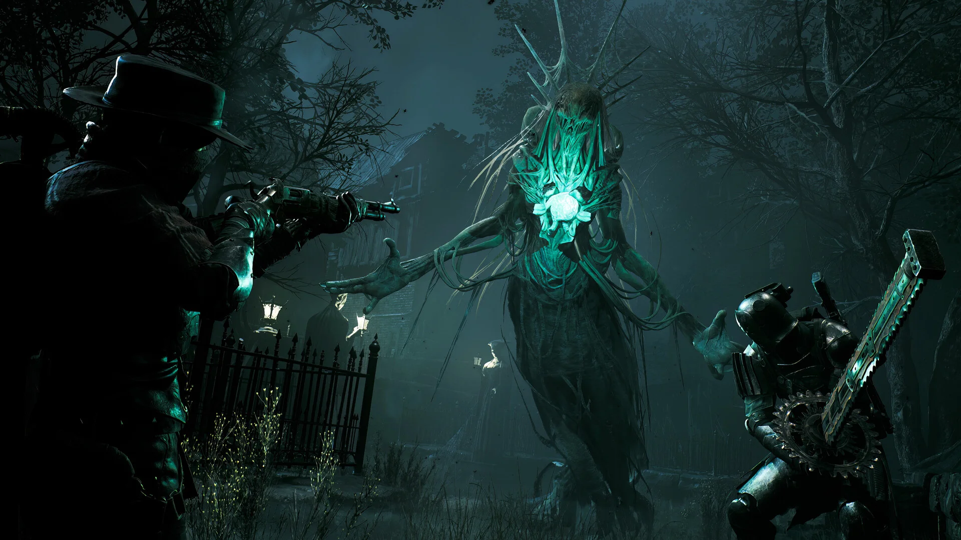 Two survivors in a foggy graveyard aiming at a towering teal-glowing spirit with a lantern chest