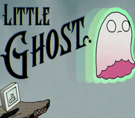 Okładka Little Ghost z czarnym napisem i małym różowym duchem na szarym kolażu