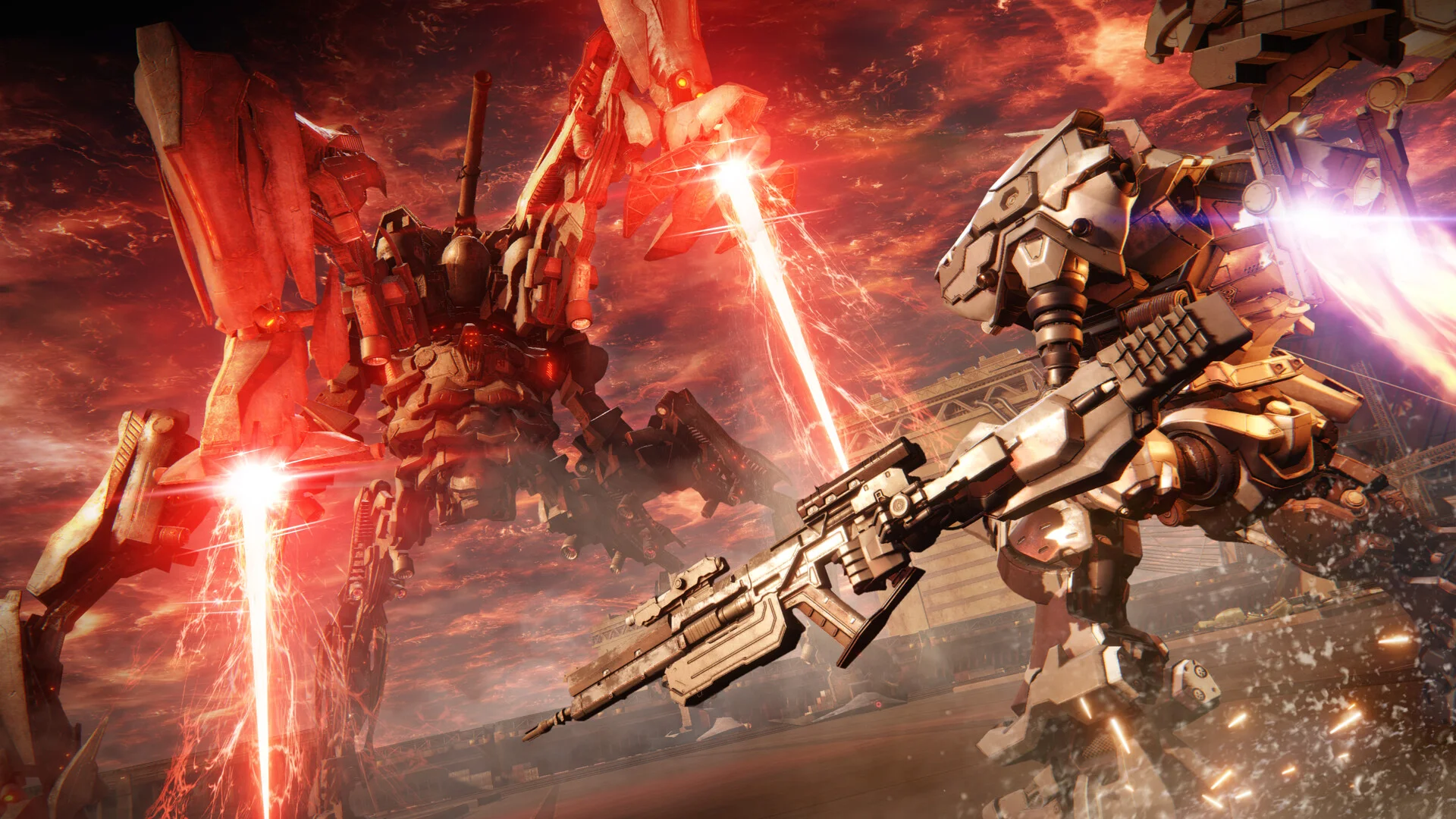 A white mech with a rifle faces a red quadruped boss firing crimson beams