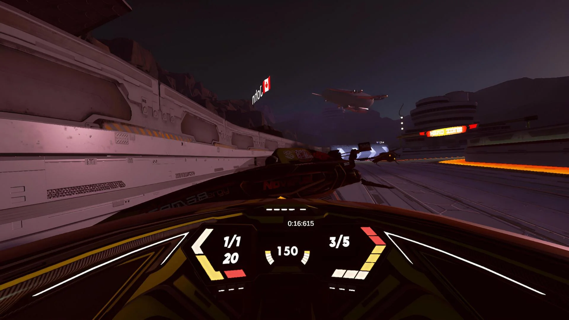 Night cockpit view on a white track beside a lava trench, showing lap 1 of 1 and position 3 of 5