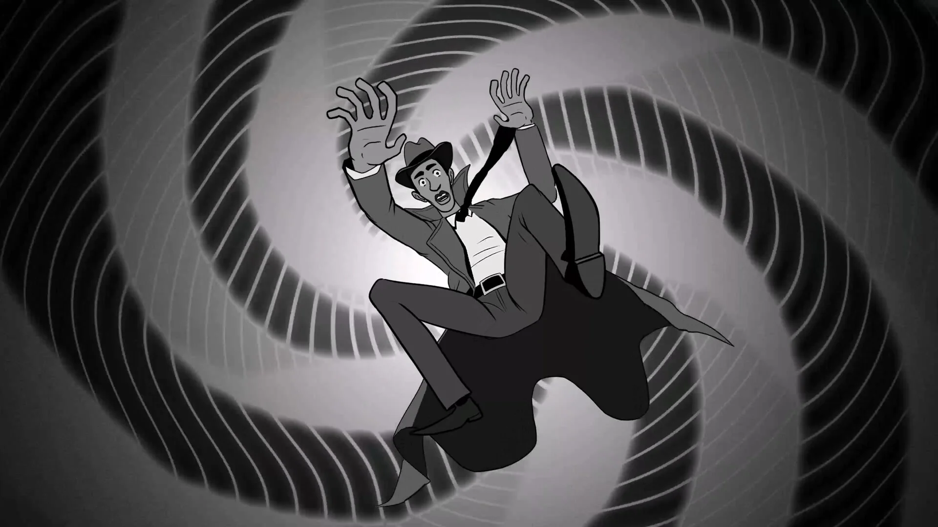 Fedora detective falling through a grey spiral vortex with coat and tie flying, eyes wide