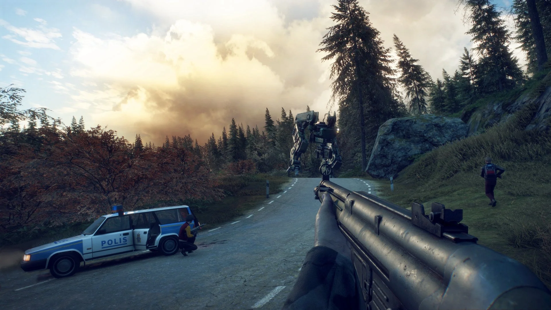First-person rifle aimed at a machine on a road by a POLIS car