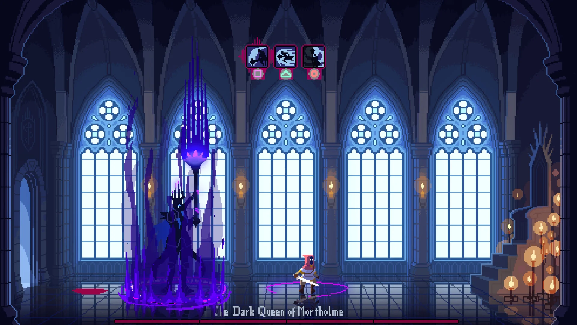 Gothic hall: Queen in purple spikes versus a small hero, three ability icons, Mortholme nameplate