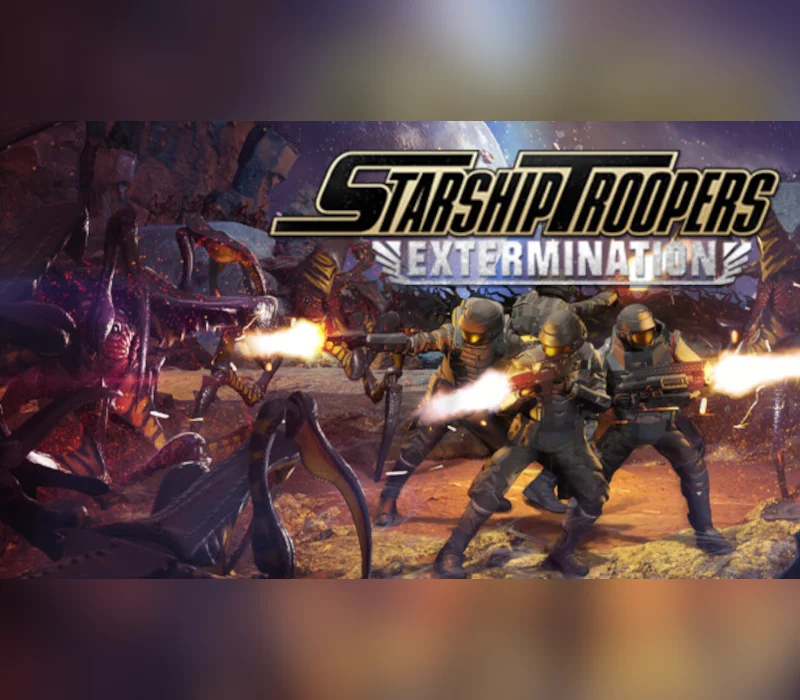 Three grey-armoured troopers firing rifles at a large purple Arachnid under the Starship Troopers Extermination logo