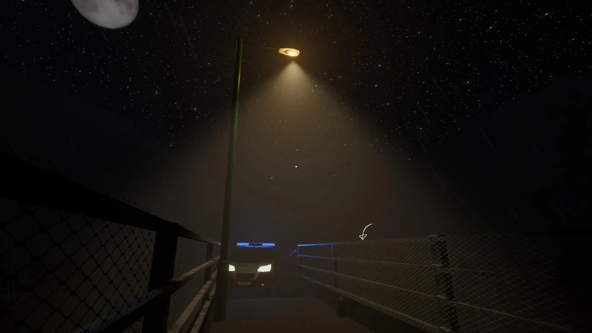 Night bridge under a streetlamp with an emergency vehicle approaching