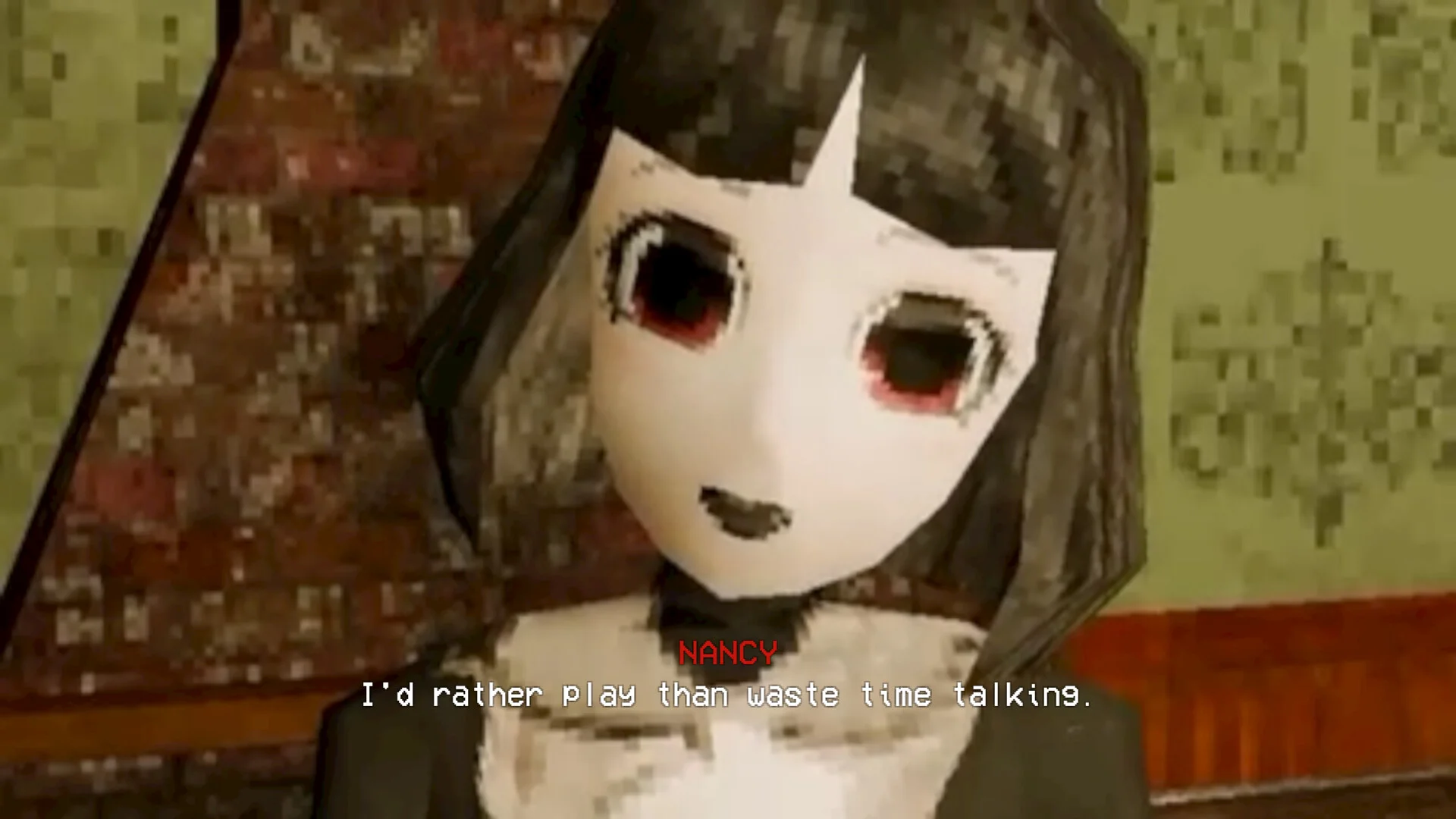 Pixel doll Nancy close-up, red name tag, English subtitle about playing, pale face and dark lipstick