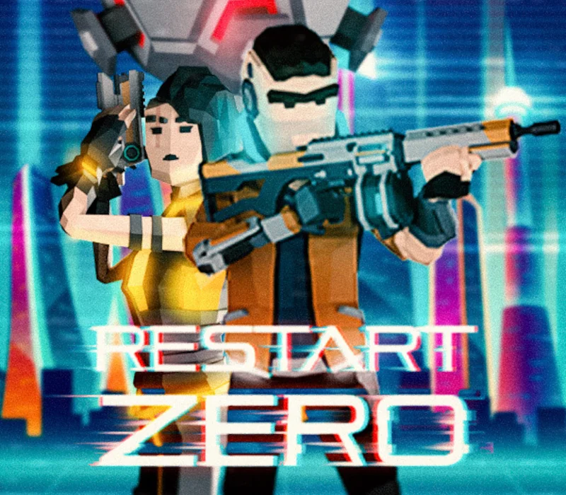Dwie low-poly postacie, kobieta w żółci z pistoletem i mężczyzna w pomarańczowej kurtce z karabinem, tytuł RESTART ZERO na cyjanowym mieście