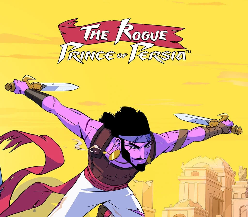 Cover: purple-skinned prince with dual gold-hilted swords, black hair, red sash and white trousers against a yellow sky, The Rogue Prince of Persia banner above palace roofs