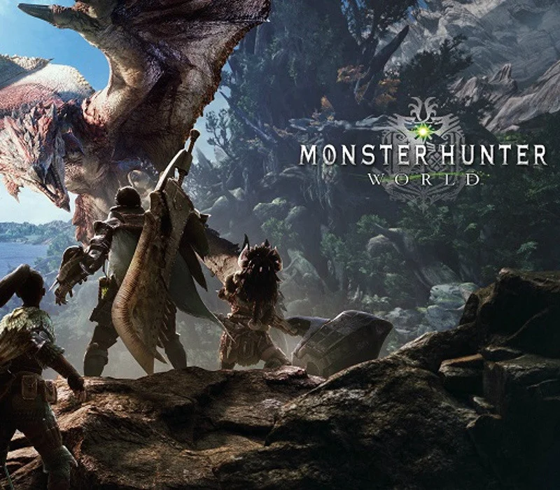Trzech myśliwych na skalnej półce staje przed czerwonym skrzydlatym potworem, jeden z wielkim mieczem, pod logo Monster Hunter World i lesistym klifem