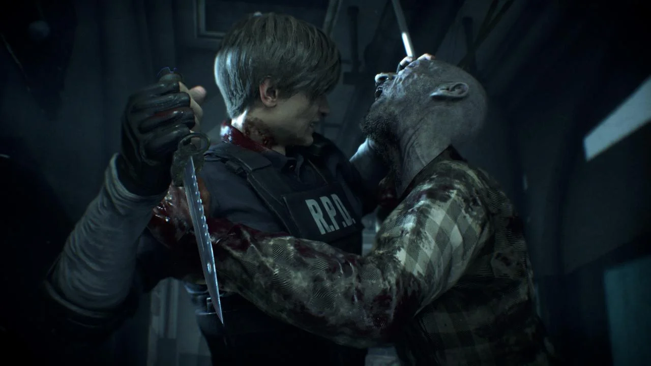 R.P.D. vest and combat knife as a plaid-shirt walker seizes the wearer in a corridor