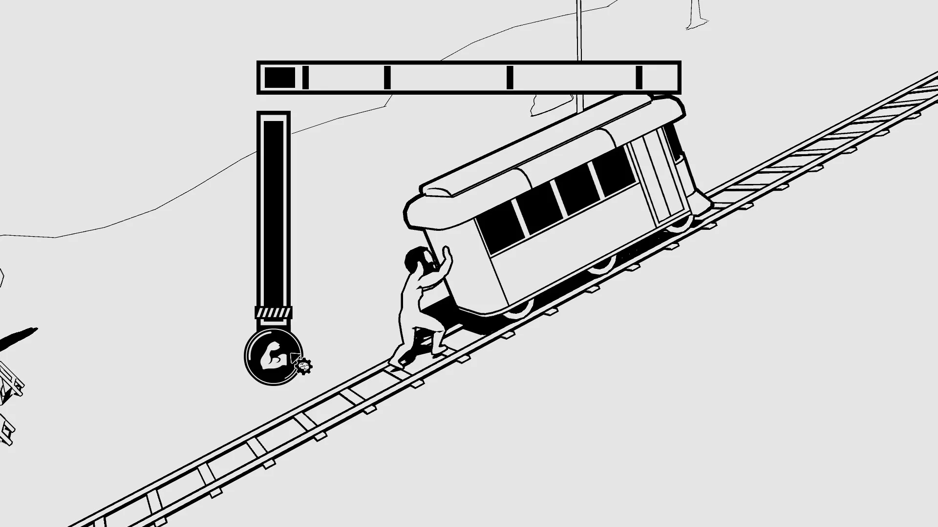 White cartoon figure pushing a tilted trolley uphill on rails under a black-and-white progress bar, biceps icon on a hanging weight