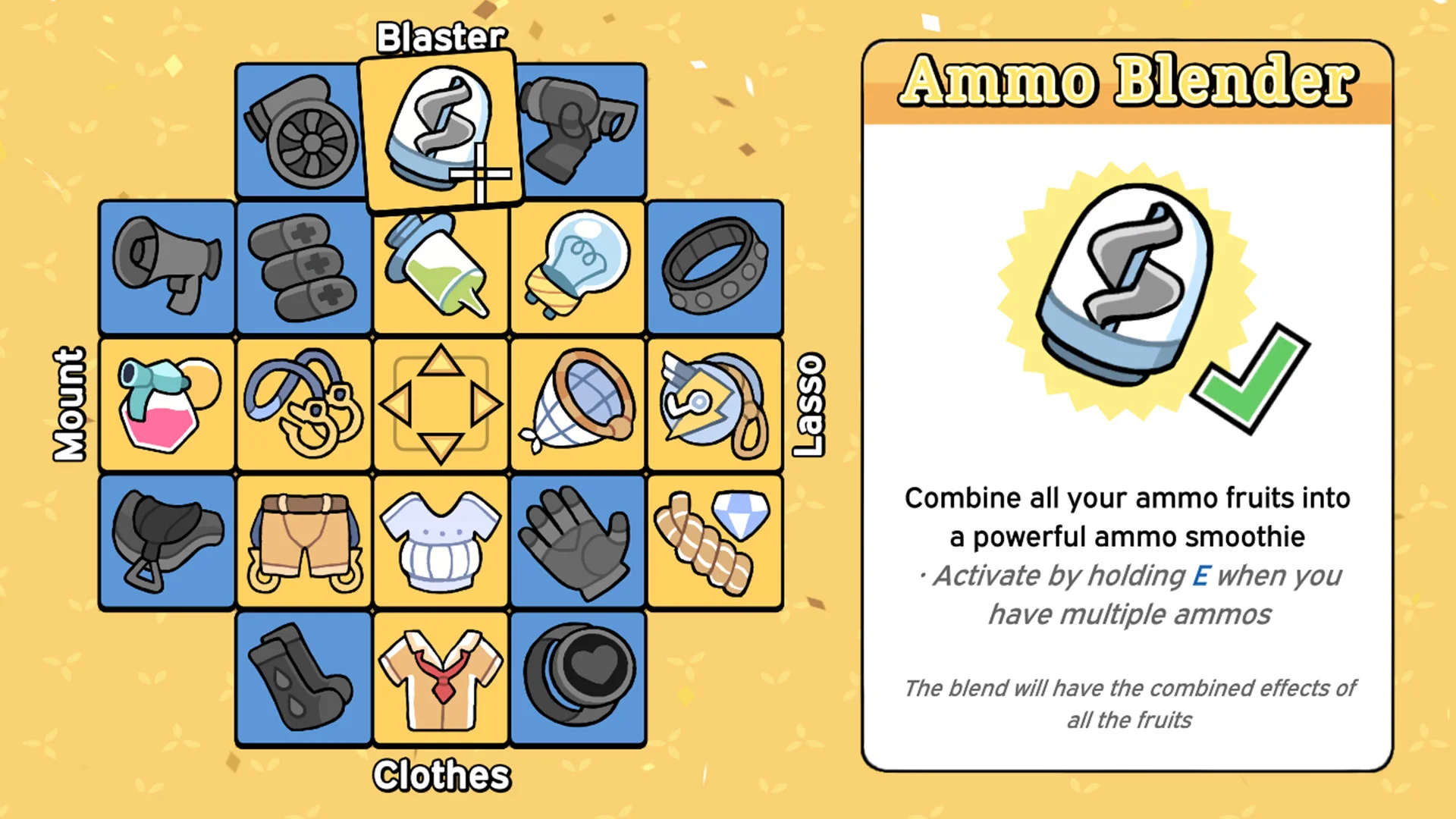 Ammo Blender loadout: Mount Blaster Lasso Clothes grid and smoothie card saying hold E