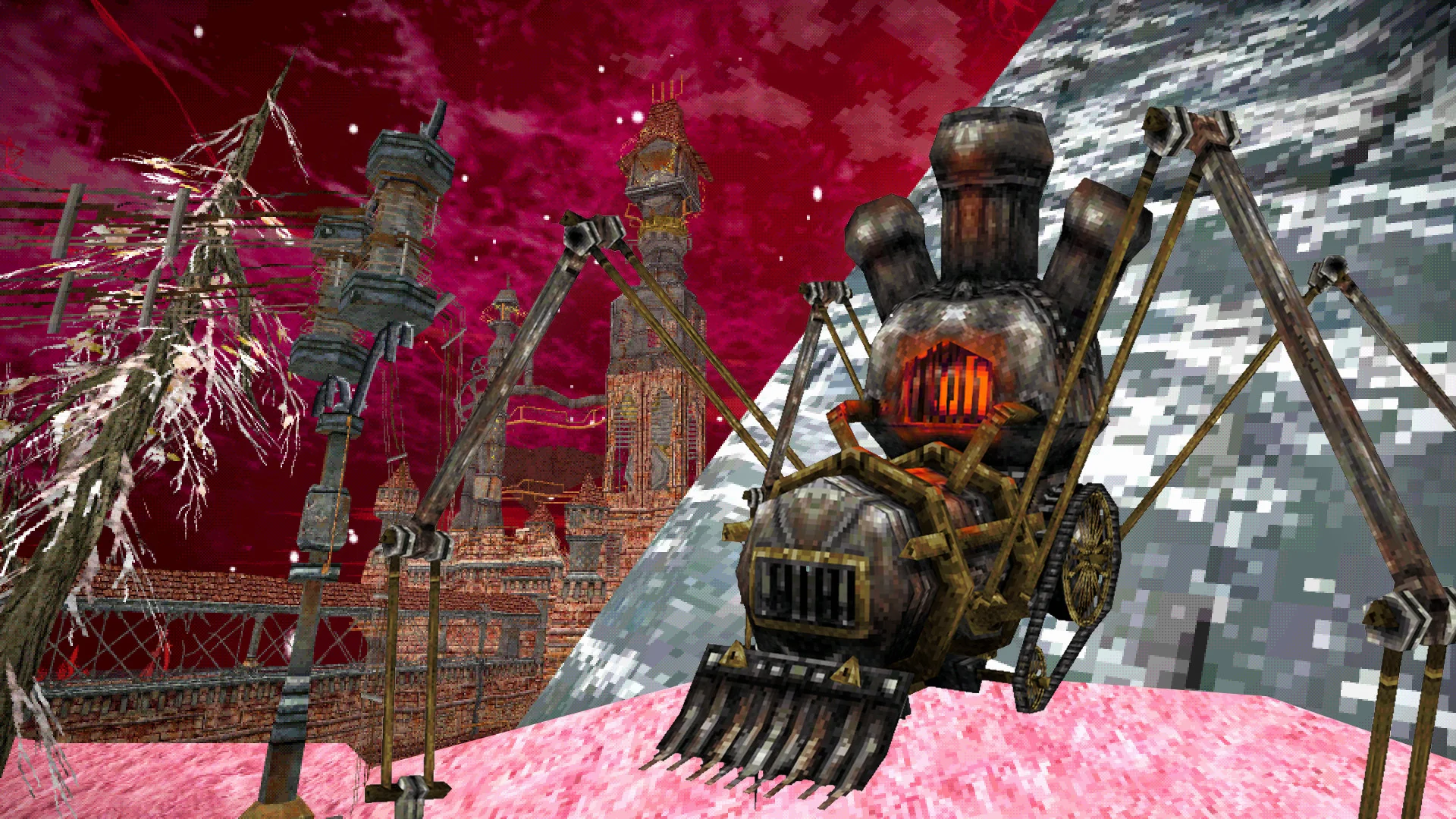 Walking steam-engine spider with a glowing furnace beside a clock tower, magenta sky and a snowy slope