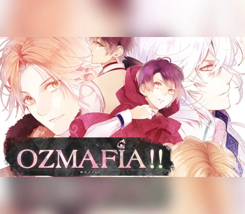 Okładka OZMAFIA!!, pięciu mężczyzn akwarelą wokół młodzieńca w różowym kapturze, czarny pasek OZMAFIA!! na dole