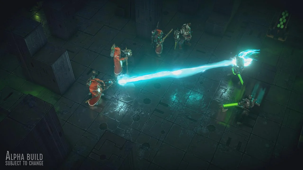 Red-robed priests firing cyan beams at green-glowing Necrons on tomb grid