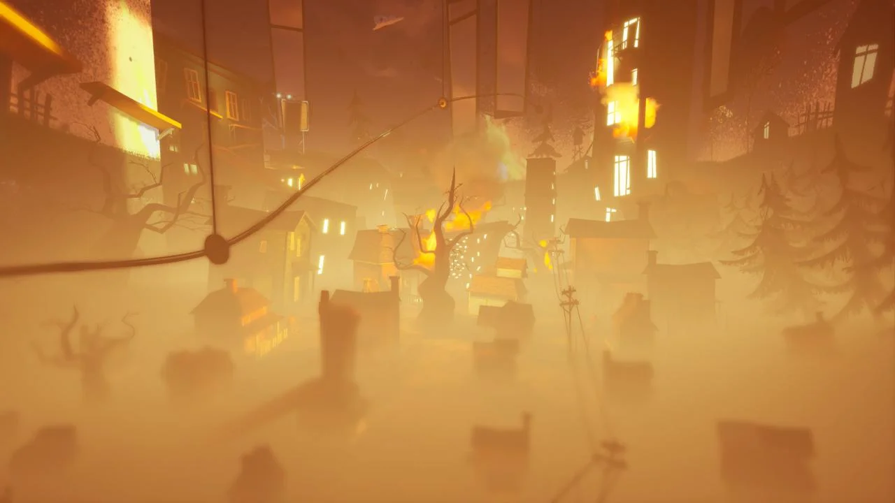 Foggy hanging town: orange haze, wires, glowing windows and a crooked tree