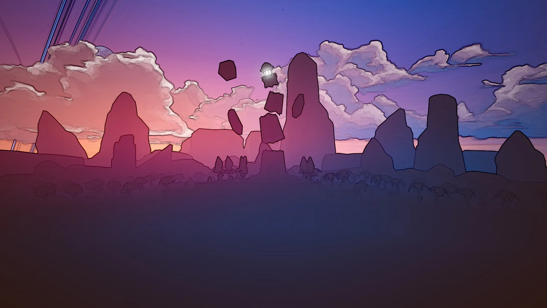 A small lighthouse perched on floating rocks against a pink sunset sky