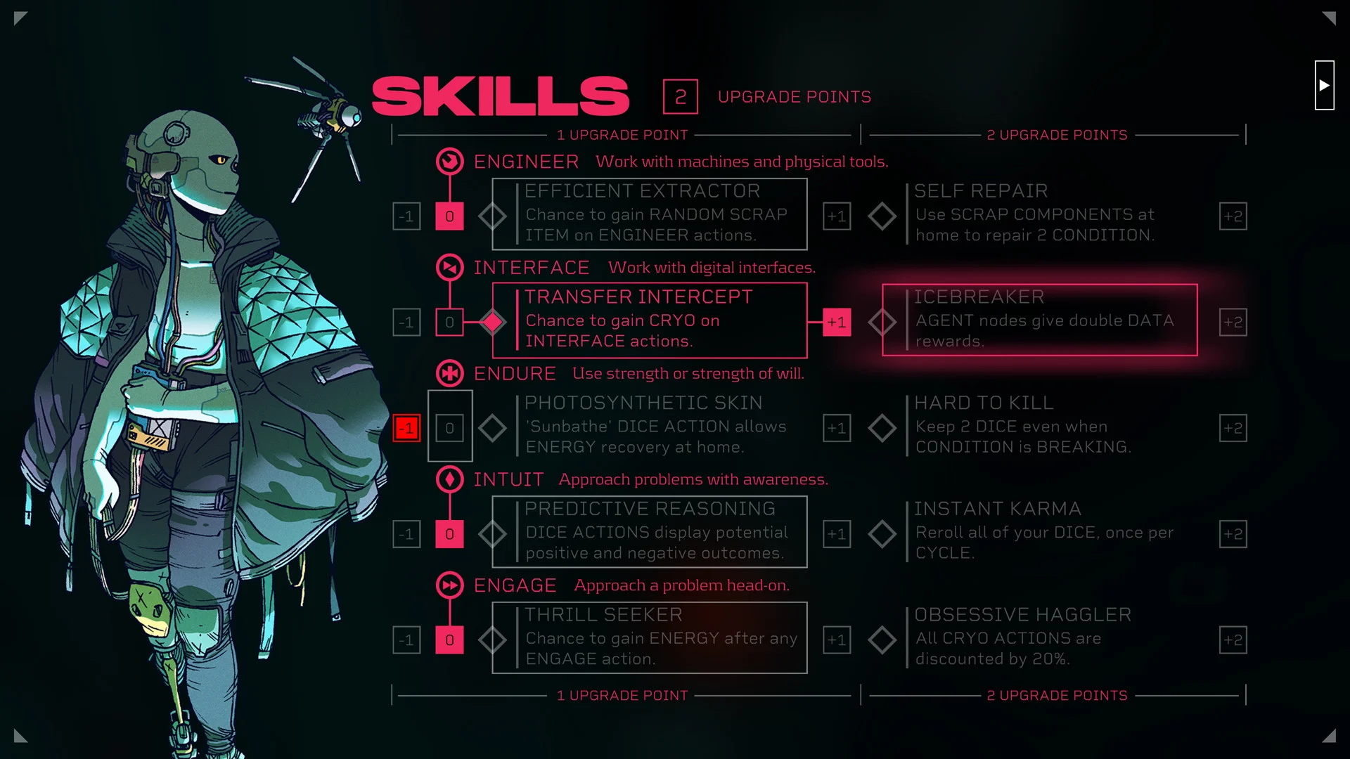 Skills panel: Engineer Interface Endure Intuit Engage, Icebreaker perk highlighted, green sleeper at left