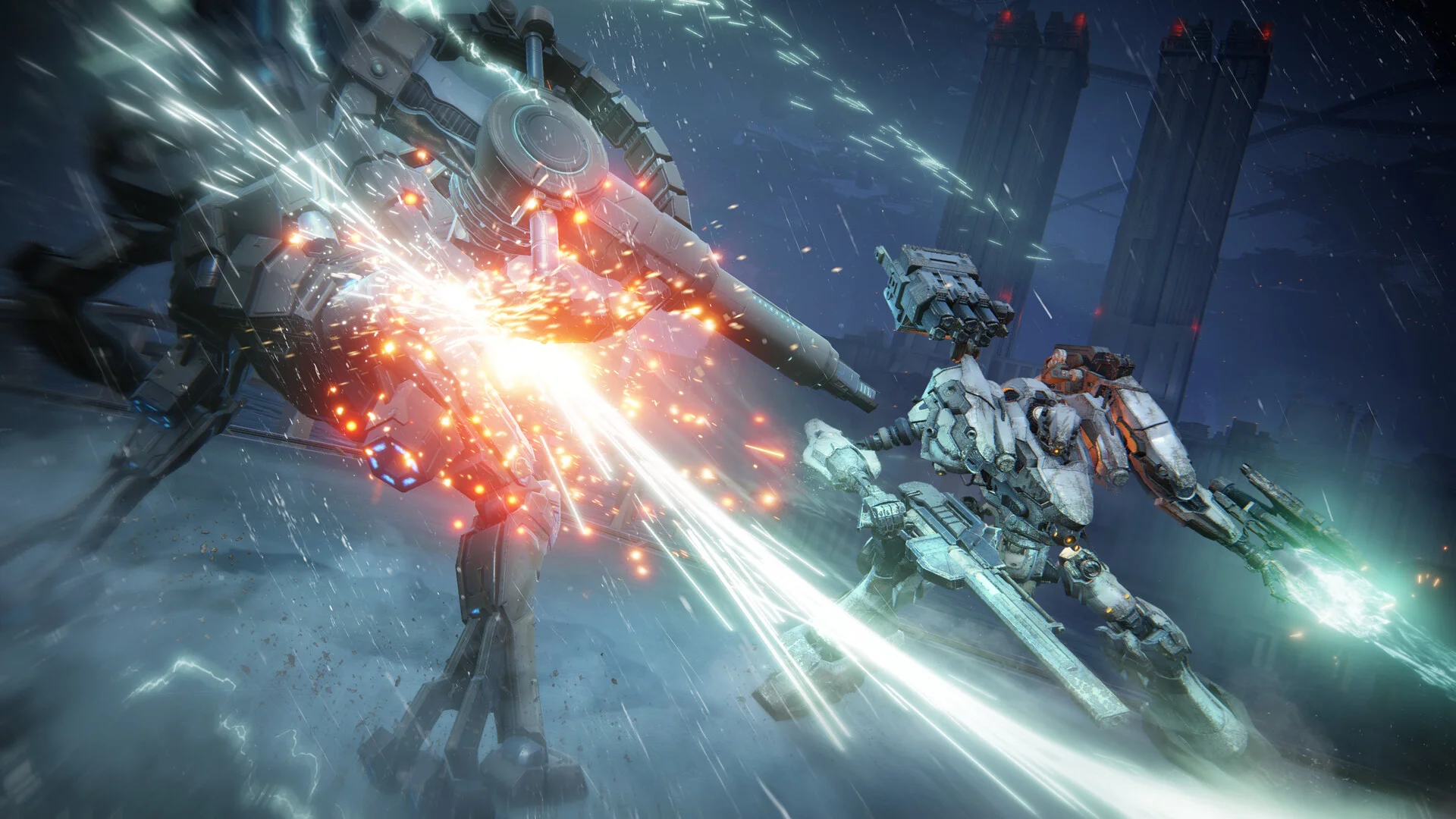 Two mechs clash in rain, sparks bursting from a cannon at close range