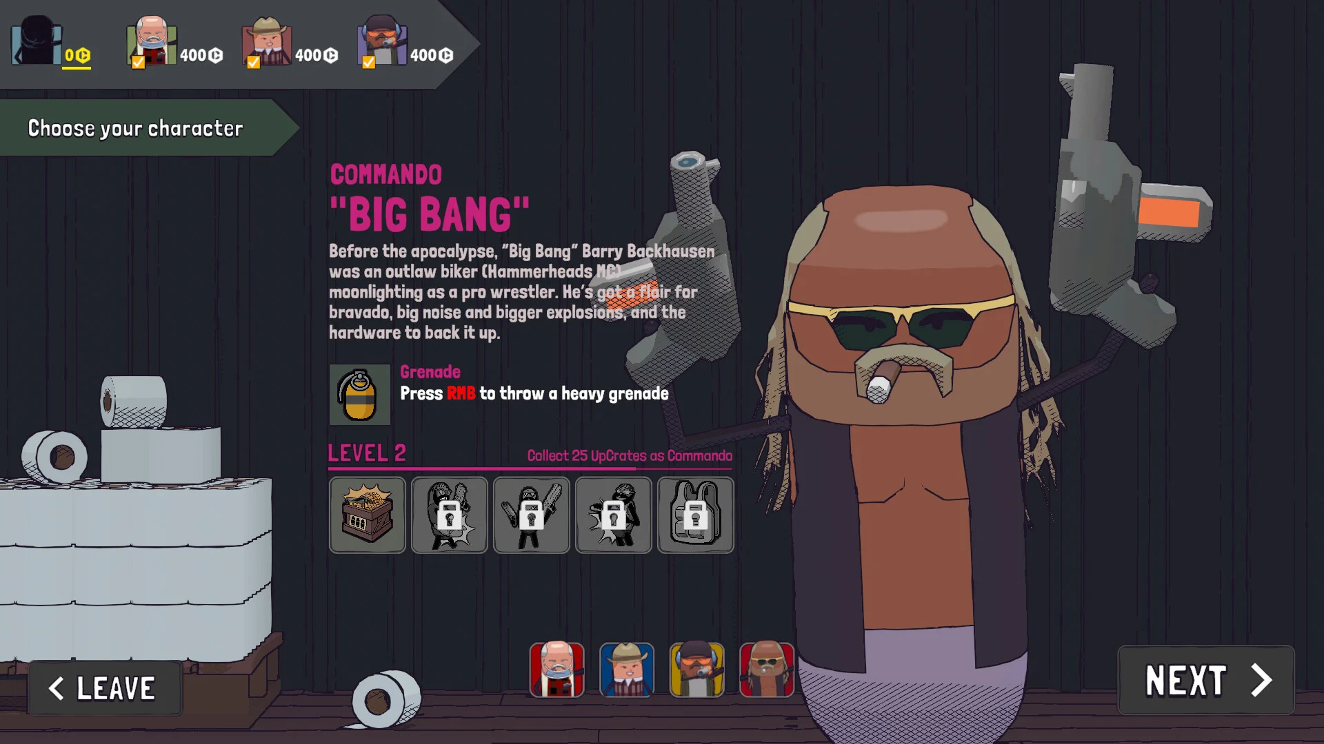 Choose your character: COMMANDO Big Bang with dual pistols, grenade RMB, LEVEL 2 UpCrates