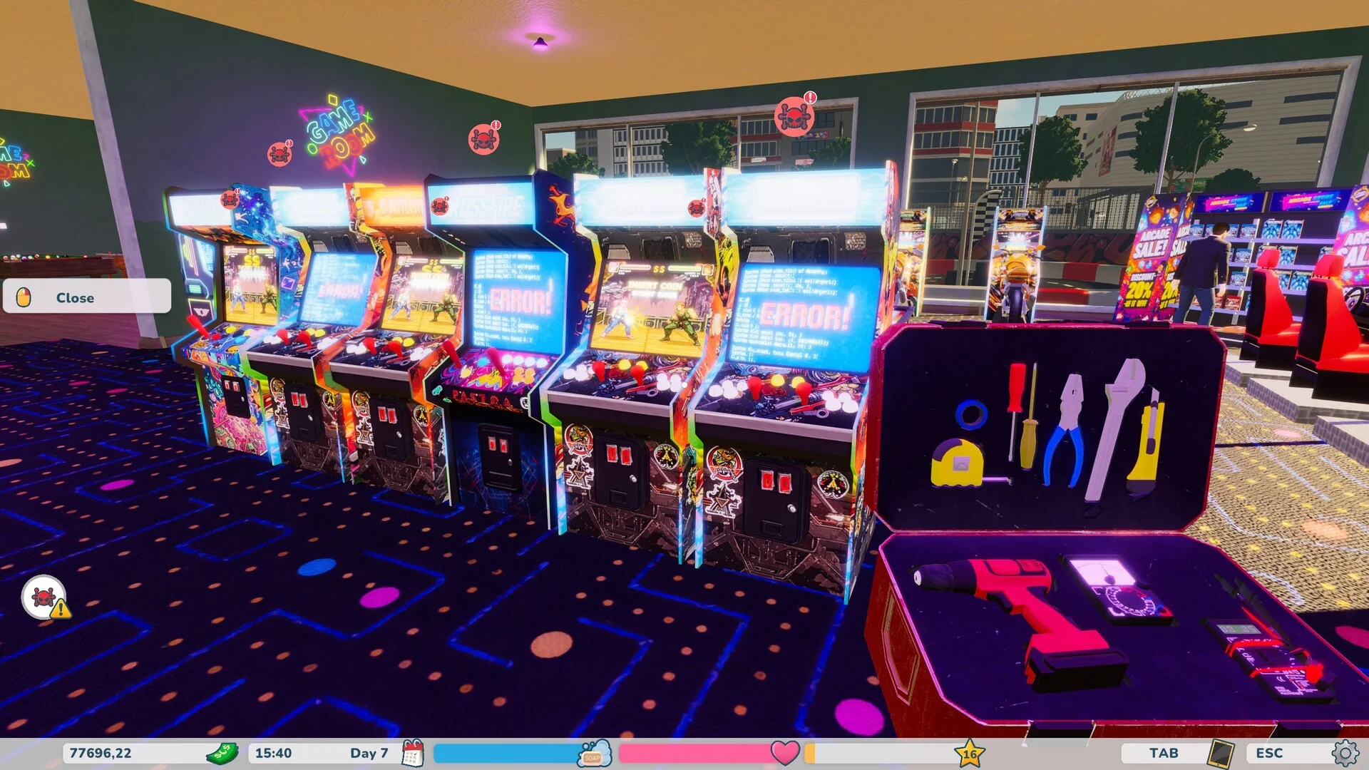 Retro Arcade Shop Simulator neon cafeteria and 8D cinema rooms