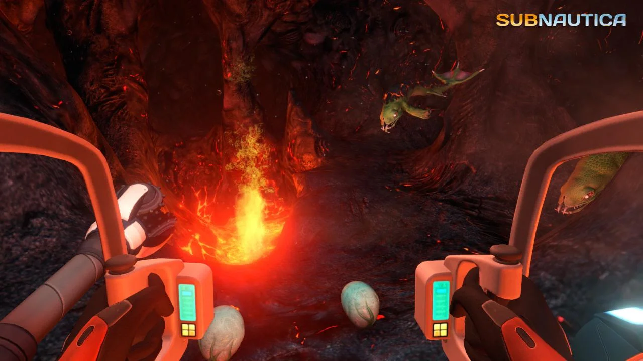 PRAWN suit cockpit over a lava pit with drill arm, Leviathan eggs and Lava Lizards