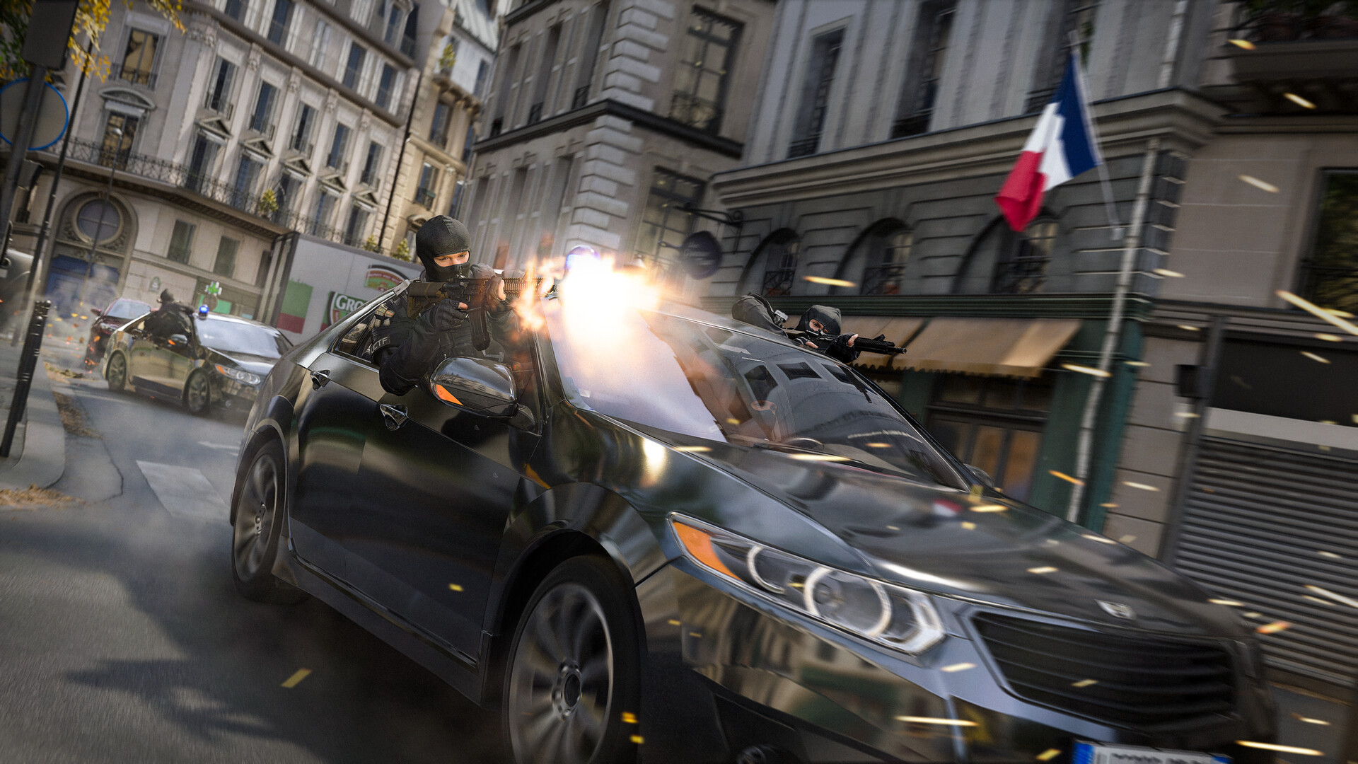 Call of Duty: Modern Warfare 4 campaign chase through Paris with operators firing from moving cars on a flagged city street