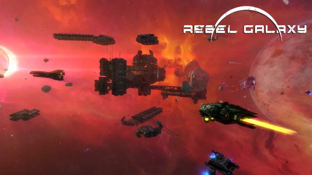 A blocky ship firing into a red nebula