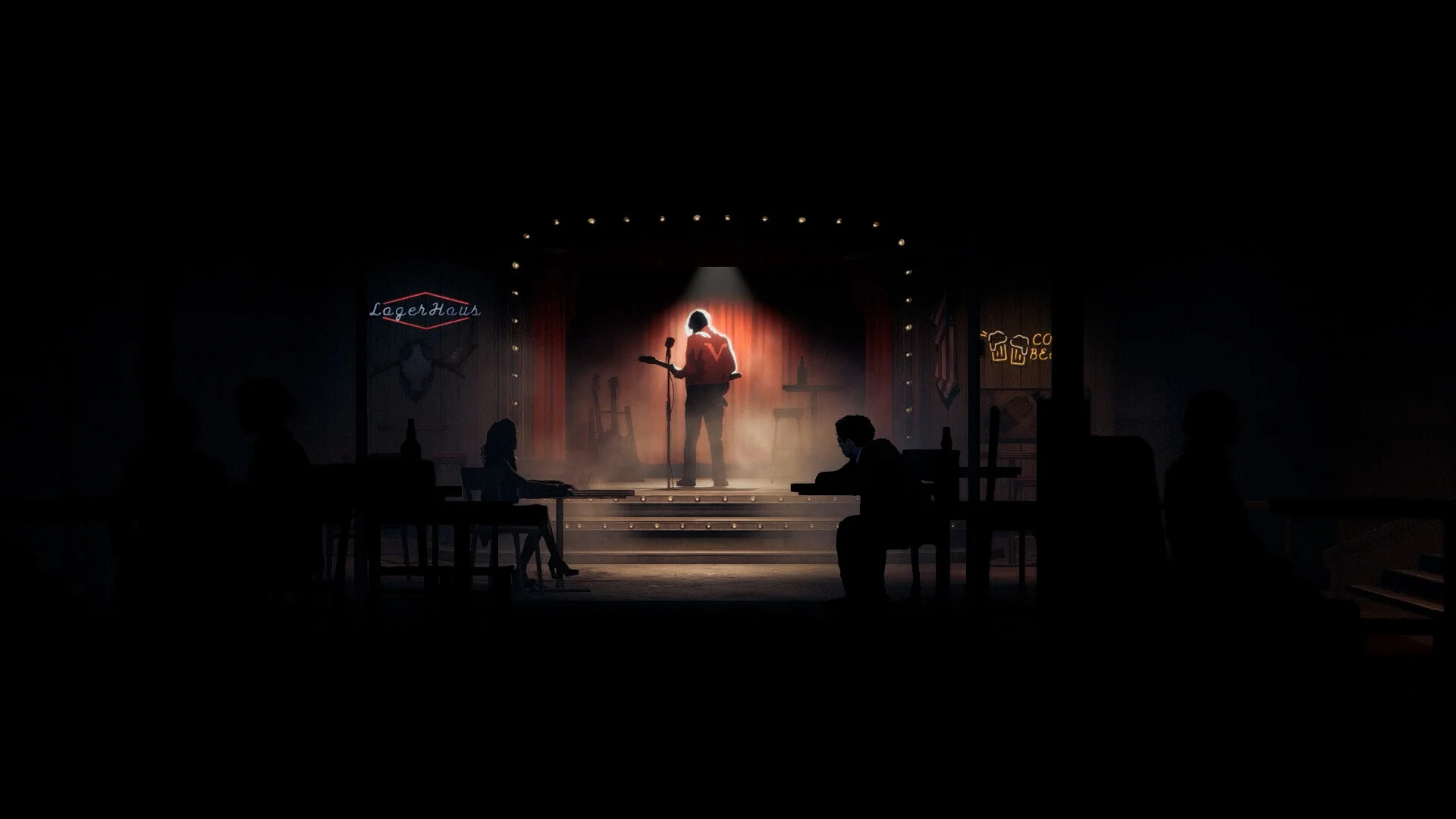 Dark bar interior: a guitarist in red under a spotlight on a small stage, LagerHaus neon, silhouettes at tables