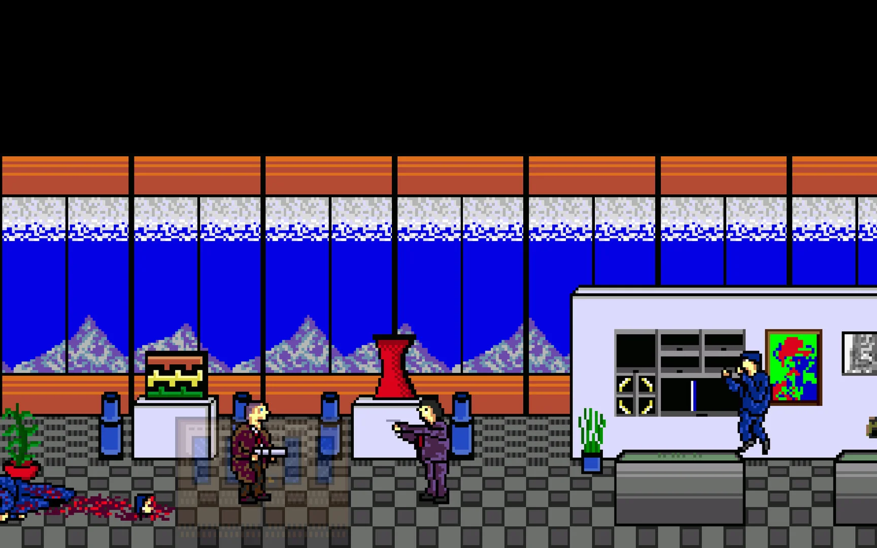 Gallery gunfight with mountain windows, red vase and a blue-suited shooter