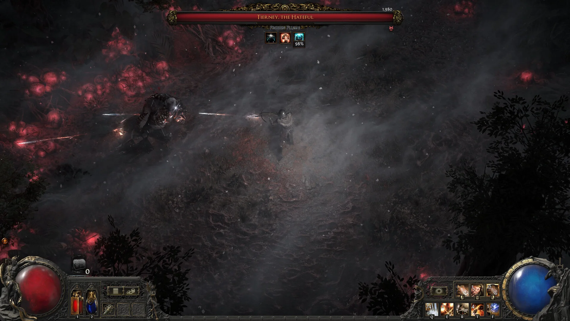 Path of Exile 2 skill gem combat in a dark ruin