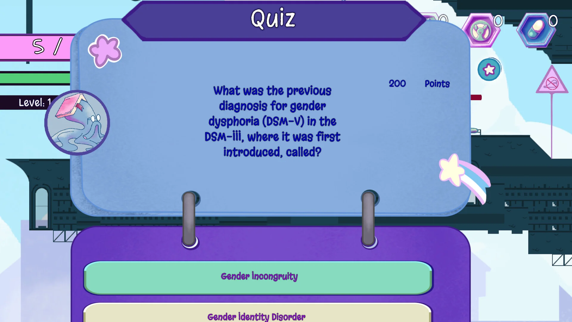 Quiz screen asks a multiple-choice question about gender terminology